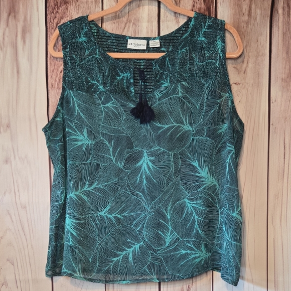 Liz Claiborne Teal And Navy Tropical Leaf Print Sheer Blouse Tank Top Size PXL - Picture 1 of 9